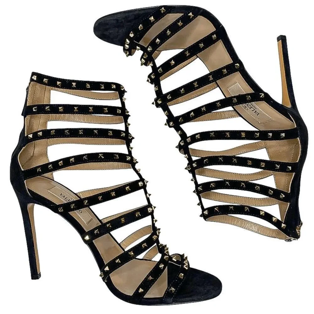 Valentino Garavani Caged Stud Sandal EU 37 US 7 Black Suede High Heel Rockstud